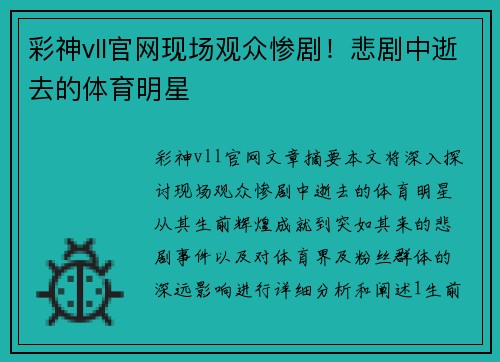 彩神vll官网现场观众惨剧！悲剧中逝去的体育明星